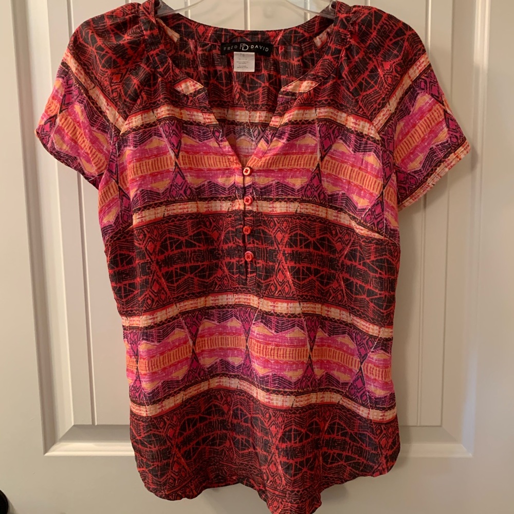 FRED DAVID African Print Top shirt pullover Button PS orange pink red black